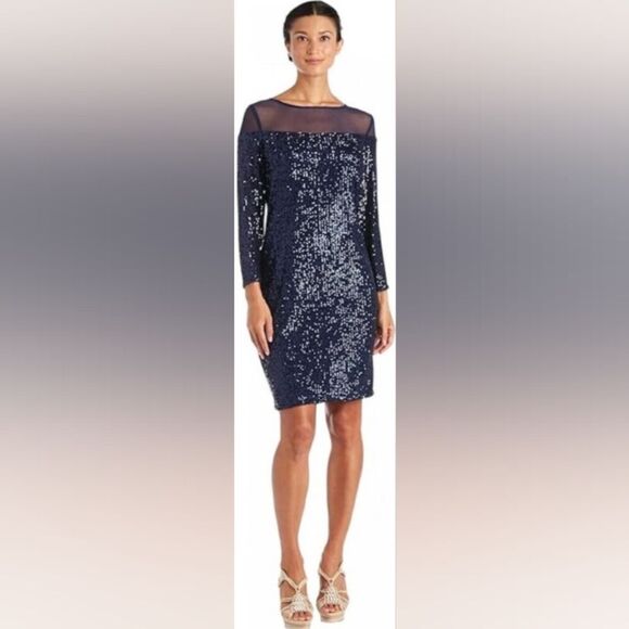 NWT R & M Richards Sequin Long Sleeve Knee-Length Evening Dress Navy Blue 20w - Picture 1 of 8